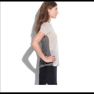 Madewell White Mesh Short Sleeve Top with Black Striped Back